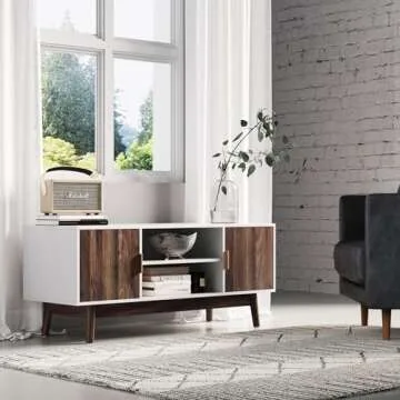 Nathan James Wesley Scandinavian TV Stand Media Console with Wooden Frame and Cabinet Doors, White/Walnut