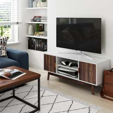 Nathan James Wesley Scandinavian TV Stand Media Console with Wooden Frame and Cabinet Doors, White/Walnut