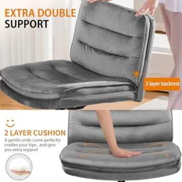 COMHOMA Criss Cross Chair with Wheels, Armless Wide Cross Legged Office Chair Mid Back, Modern Home Office Desk Chair Swivel Adjustable Vanity Computer Chair, Gray Velvet