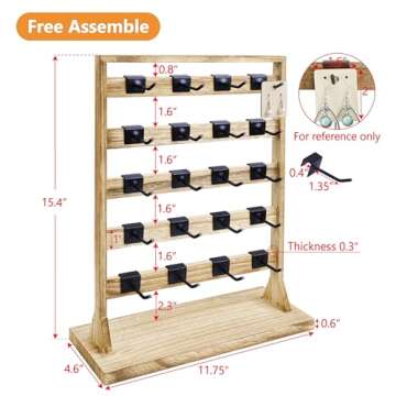 Ikee Design Free Assemble Wooden Jewelry Display Rack with 20 Removable Metal Hooks, Earring Card Di...