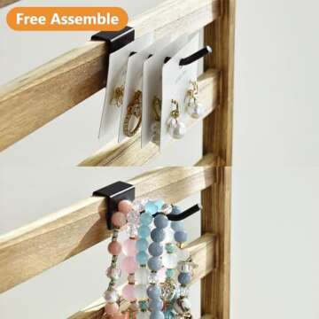 Ikee Design Free Assemble Wooden Jewelry Display Rack with 20 Removable Metal Hooks, Earring Card Display Holder Stand for Earring Cards, Necklaces, Bracelet, Keychain Stand, Oak Color