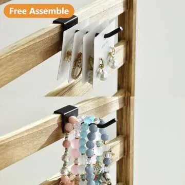 Ikee Design Free Assemble Wooden Jewelry Display Rack with 20 Removable Metal Hooks, Earring Card Display Holder Stand for Earring Cards, Necklaces, Bracelet, Keychain Stand, Oak Color