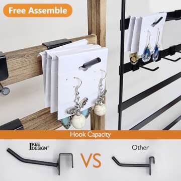 Ikee Design Free Assemble Wooden Jewelry Display Rack with 20 Removable Metal Hooks, Earring Card Display Holder Stand for Earring Cards, Necklaces, Bracelet, Keychain Stand, Oak Color