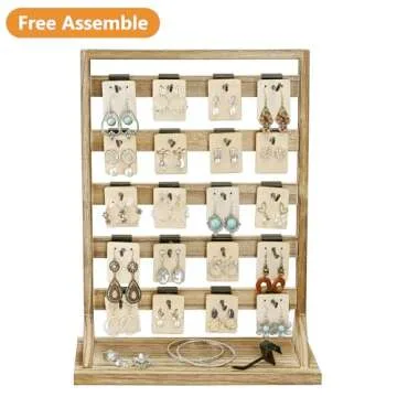 Ikee Design Free Assemble Wooden Jewelry Display Rack with 20 Removable Metal Hooks, Earring Card Display Holder Stand for Earring Cards, Necklaces, Bracelet, Keychain Stand, Oak Color