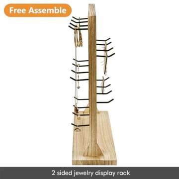 Ikee Design Free Assemble Wooden Jewelry Display Rack with 20 Removable Metal Hooks, Earring Card Display Holder Stand for Earring Cards, Necklaces, Bracelet, Keychain Stand, Oak Color