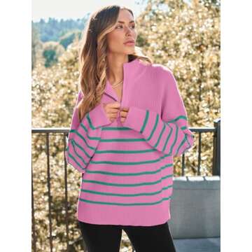 LILLUSORY Women's Quarter Zip Striped Oversized Sweater 2025 Mock Turtleneck Fall Fashion Outfit SEP...