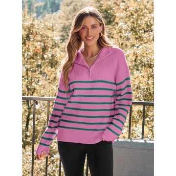 LILLUSORY Women's Quarter Zip Striped Oversized Sweater 2025 Mock Turtleneck Fall Fashion Outfit SEPinkGreen XL