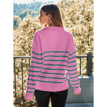 LILLUSORY Women's Quarter Zip Striped Oversized Sweater 2025 Mock Turtleneck Fall Fashion Outfit SEPinkGreen XL