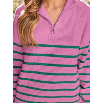 LILLUSORY Women's Quarter Zip Striped Oversized Sweater 2025 Mock Turtleneck Fall Fashion Outfit SEPinkGreen XL