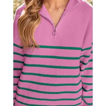 LILLUSORY Women's Quarter Zip Striped Oversized Sweater 2025 Mock Turtleneck Fall Fashion Outfit SEPinkGreen XL
