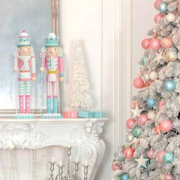 KINGYEE Christmas Nutcracker Pink 15-Inch Set of 2 Wooden Nutcracker Soldier Figurine Display Set fo...