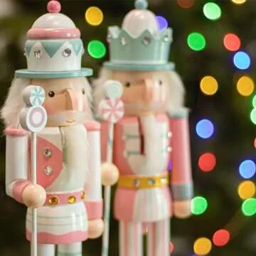 KINGYEE Christmas Nutcracker Pink 15-Inch Set of 2 Wooden Nutcracker Soldier Figurine Display Set for Kids Room Baby First Christmas Decor