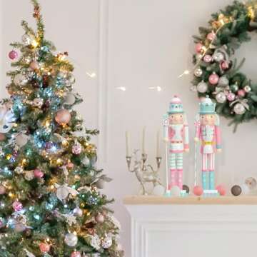 KINGYEE Christmas Nutcracker Pink 15-Inch Set of 2 Wooden Nutcracker Soldier Figurine Display Set for Kids Room Baby First Christmas Decor