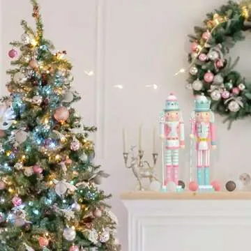 KINGYEE Christmas Nutcracker Pink 15-Inch Set of 2 Wooden Nutcracker Soldier Figurine Display Set for Kids Room Baby First Christmas Decor