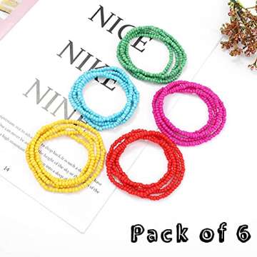 Urieo African Elastic Waist Beads Chain Red Yellow African Stretchy Belly Bead Layered Beaded Bikini Beach Party Waist Chains Body Jewelry for Women（Pack of 6）