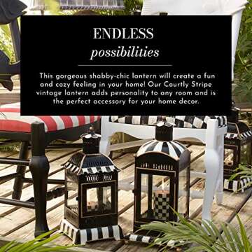 MACKENZIE-CHILDS Courtly Stripe Lantern, Black-and-White Outdoor Candleholder, Metal Lantern Decor, Small