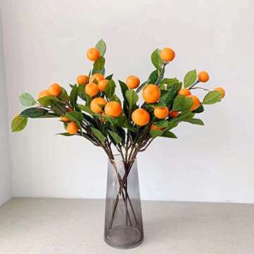 DULRLLY 3 PCS Artificial Tangerine Branches, 25 Inch Faux Orange Stems with Green Leaves, Simulation Long Stem Fruit Bouquet for Home Party Kitchen Festival Decoration