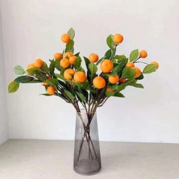 DULRLLY 3 PCS Artificial Tangerine Branches, 25 Inch Faux Orange Stems with Green Leaves, Simulation Long Stem Fruit Bouquet for Home Party Kitchen Festival Decoration