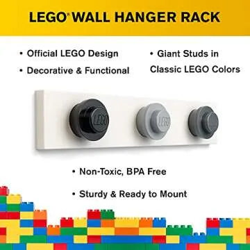 Lego Wall Hanger Rack - Coat Rack with 3 Hooks for Hanging Coats, Backpacks, Hats | Perfect Kids Lego Room Decor | Assorted Colors - Black, Grey, Dark Grey