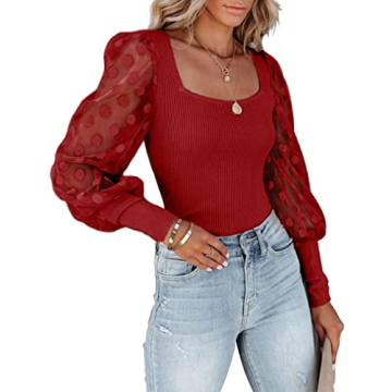 Mesh Long Sleeve Tops for Women 2024 Fall Square Neck Puffy Polka Dot Pullover Hollow-Out Shirts Kni...
