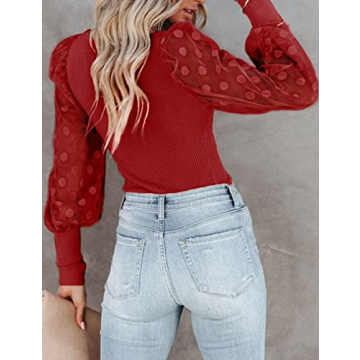 Mesh Long Sleeve Tops for Women 2024 Fall Square Neck Puffy Polka Dot Pullover Hollow-Out Shirts Knit Ribbed Blouses Red