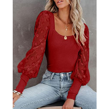 Mesh Long Sleeve Tops for Women 2024 Fall Square Neck Puffy Polka Dot Pullover Hollow-Out Shirts Knit Ribbed Blouses Red