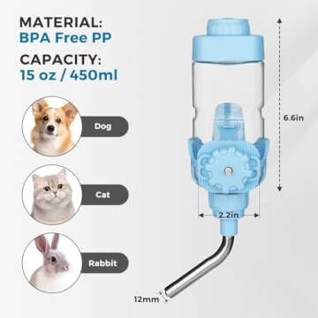 Vannon Dog Water Dispenser for Cage, 15oz Auto Feeding Crate Water Bottle for Dogs, Cats & Rabbits, Pet Nozzle Diameter: 12mm, BPA Free, Blue