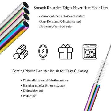 POLIGO 16pcs Reusable Stainless Steel Straws, Colorful Rainbow Iridescent Metal Drinking Straws with Portable Case and Cleaning Brushes for 20, 30 Oz Yeti Tumbler, Smoothies and Bubble Tea