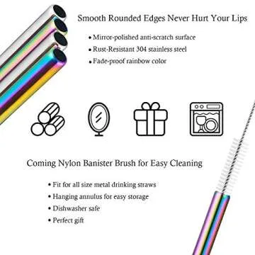 POLIGO 16pcs Reusable Stainless Steel Straws, Colorful Rainbow Iridescent Metal Drinking Straws with Portable Case and Cleaning Brushes for 20, 30 Oz Yeti Tumbler, Smoothies and Bubble Tea