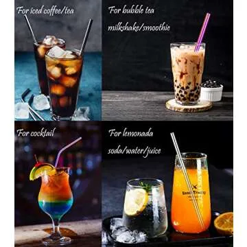 POLIGO 16pcs Reusable Stainless Steel Straws, Colorful Rainbow Iridescent Metal Drinking Straws with Portable Case and Cleaning Brushes for 20, 30 Oz Yeti Tumbler, Smoothies and Bubble Tea