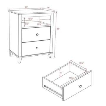 Prepac Yaletown Traditional 2-Drawer Tall Nightstand Side Table, Bedside Table with 2 Drawers and Open Shelf 16" D x 23" W x 28" H, Espresso, EDNH-1202-1