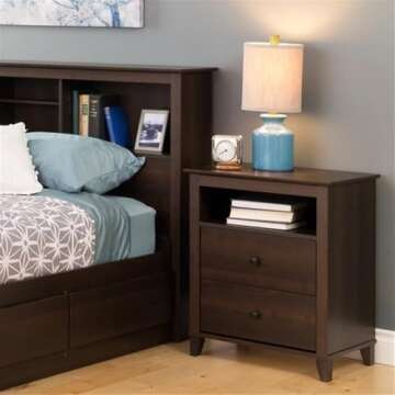 Prepac Yaletown Traditional 2-Drawer Tall Nightstand Side Table, Bedside Table with 2 Drawers and Open Shelf 16" D x 23" W x 28" H, Espresso, EDNH-1202-1