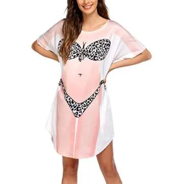 Ekouar Womens Bikini Print Tshirt Cover Up Funny Dress Short Sleeve Comfortable Bathing Suit Shirt Leopard Print Multi XXL