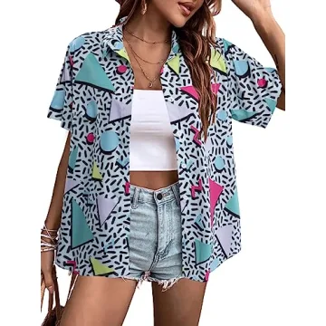 80s 90s Outfits for Women Retro Theme Party Disco Shirt 80s Hawaiian Shirt Neon Button Down Short Sl...