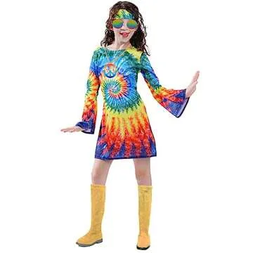 Hippie Costume for Girls 60s 70s Colorful Dress Kids Party Halloween Cosplay 7-9 Years Multicolor