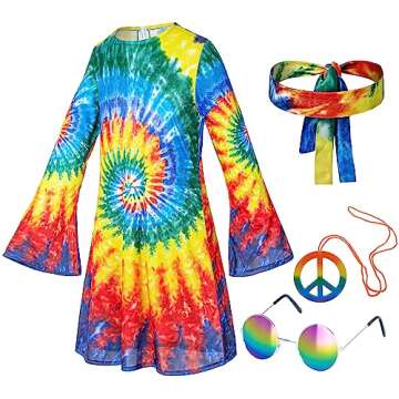 Hippie Costume for Girls 60s 70s Colorful Dress Kids Party Halloween Cosplay 7-9 Years Multicolor