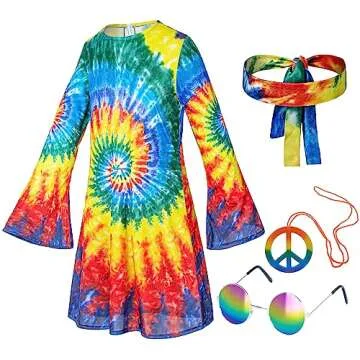 Hippie Costume for Girls 60s 70s Colorful Dress Kids Party Halloween Cosplay 7-9 Years Multicolor