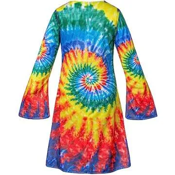 Hippie Costume for Girls 60s 70s Colorful Dress Kids Party Halloween Cosplay 7-9 Years Multicolor
