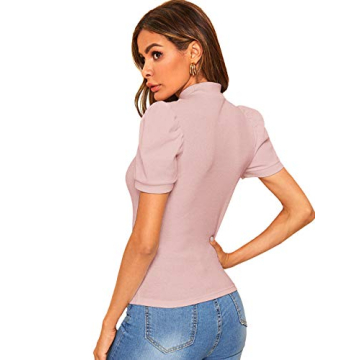 Floerns Women's Mock Neck Puff Sleeve Blouse in Pink