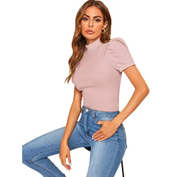 Floerns Women's Mock Neck Puff Sleeve Blouse in Pink