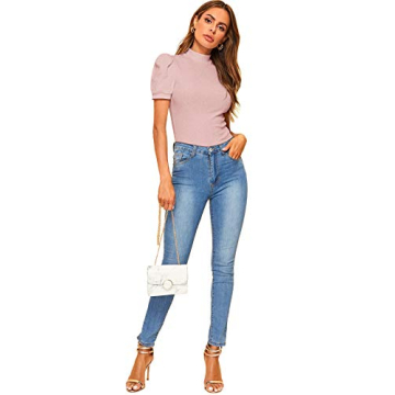 Floerns Women's Mock Neck Puff Sleeve Blouse in Pink