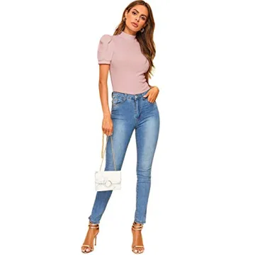 Floerns Women's Mock Neck Puff Sleeve Blouse in Pink