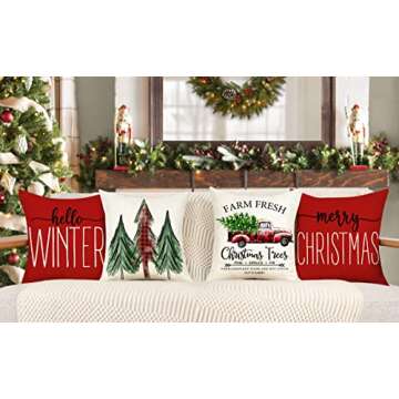 4TH Emotion Red Christmas Pillow Covers 18x18 Set of 4 Farmhouse Christmas Decorations Merry Christm...