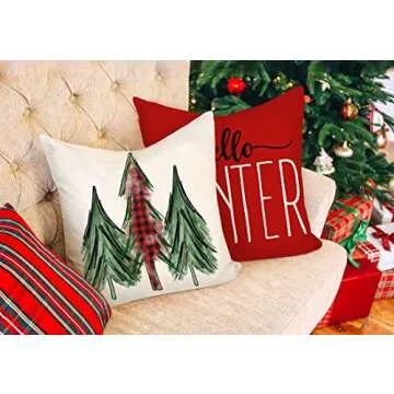 4TH Emotion Red Christmas Pillow Covers 18x18 Set of 4 Farmhouse Christmas Decorations Merry Christmas Tree Truck Hello Winter Holiday Decor Throw Cushion Case for Home Couch S22C34