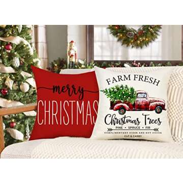 4TH Emotion Red Christmas Pillow Covers 18x18 Set of 4 Farmhouse Christmas Decorations Merry Christmas Tree Truck Hello Winter Holiday Decor Throw Cushion Case for Home Couch S22C34
