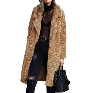 Angashion Fuzzy Fleece Lapel Open Front Long Cardigan Coat Faux Fur Warm Winter Outwear Jackets