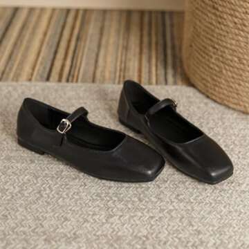 TN TANGNEST Women's Leather Flats Comfortable Square Toe Dress Flats Retro Soft Mary Jane Flats Blac...
