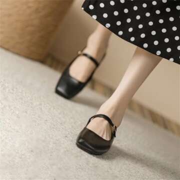 TN TANGNEST Women's Leather Flats Comfortable Square Toe Dress Flats Retro Soft Mary Jane Flats Black 39(7.5)