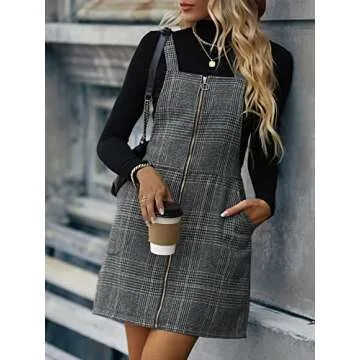 Floerns Women's Casual Tartan Print Zip Up Sleeveless Pinafore Overall Dress Grey M