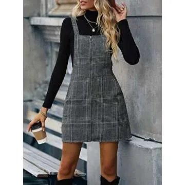 Floerns Women's Casual Tartan Print Zip Up Sleeveless Pinafore Overall Dress Grey M